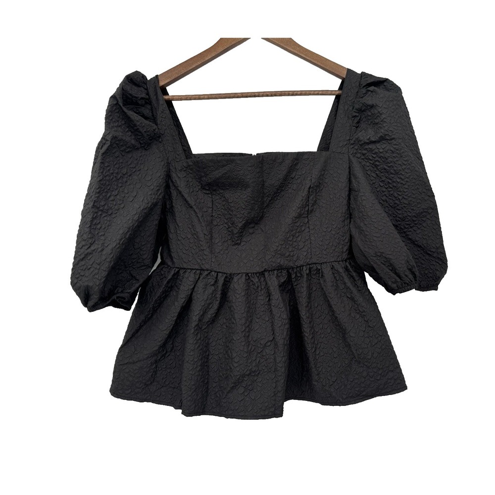 M Black Textured Babydoll Peplum whimsigoth puff sleeve floral festival fairy